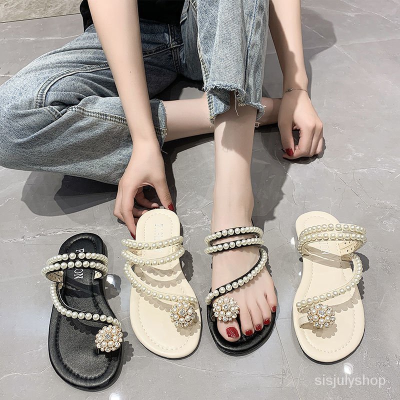 #Sisjuly# Sandal wanita sandal pantai mutiara bawah datar wanita baru sandal pantai mutiara sandal s