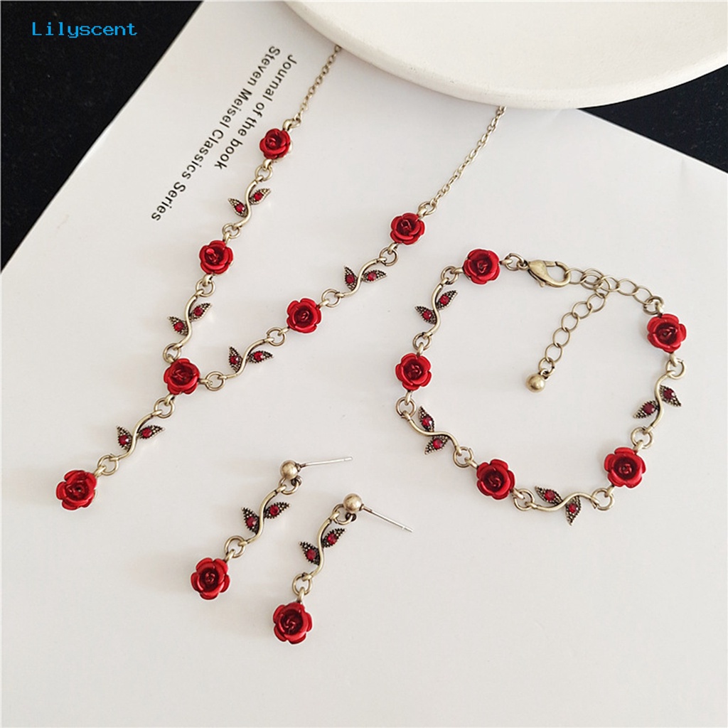 [LS] 1set Wanita Rose Kalung Gaya Perancis Retro Elegan Rantai Emas Peri Hadiah Adjustable Bunga Merah Gelang Stud Anting Kit Perhiasan Aksesoris