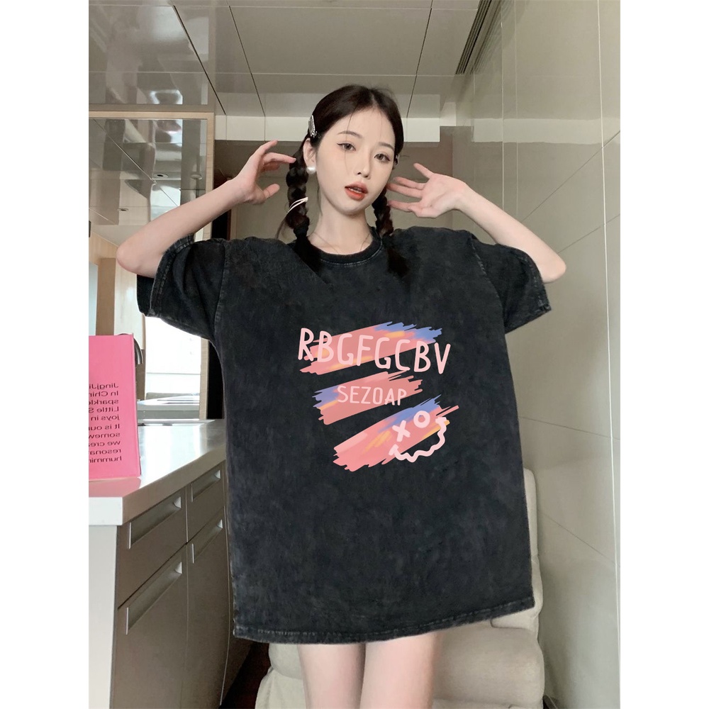 XIAOZHAINV Korean Style Letter Graffiti Pattern Washed Printing Kaos Wanita