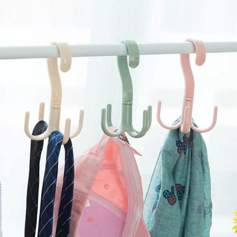 GANTUNGAN tiang lemari 4 KAIT SERBAGUNA PUTAR 360 DERAJAT HANGER LEMARI PAKAIAN SEPATU TAS HOOK warna acak