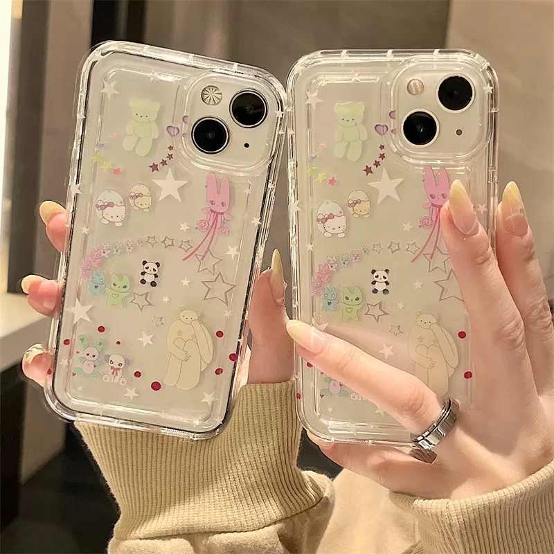 IPHONE Ins Korea Kartun Bintang Lucu Beruang Kitty Case Kompatibel Untuk Iphone11 14 13 12 Pro MAX 7plus XR 7 8 6 6S Plus X XS MAX 8plus SE 2020 Airbag Shockproof TPU Lembut Bening Ponsel Cover