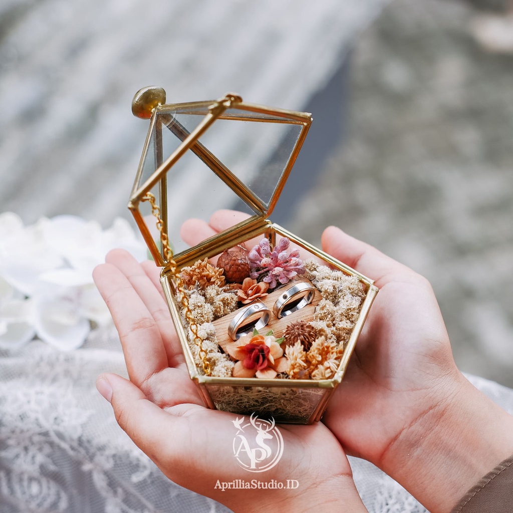 Hadiah Kado Valentine Wedding Tempat Cincin Lamaran Pernikahan Kotak Kayu Rustic Flower