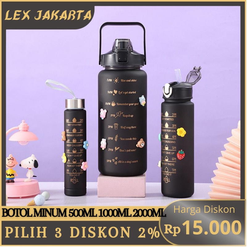 LEXJAKARTA  Botol Minum 2000ML 1000ML 500ML Botol Minum Viral Botol Minum Motivasi Penanda Waktu