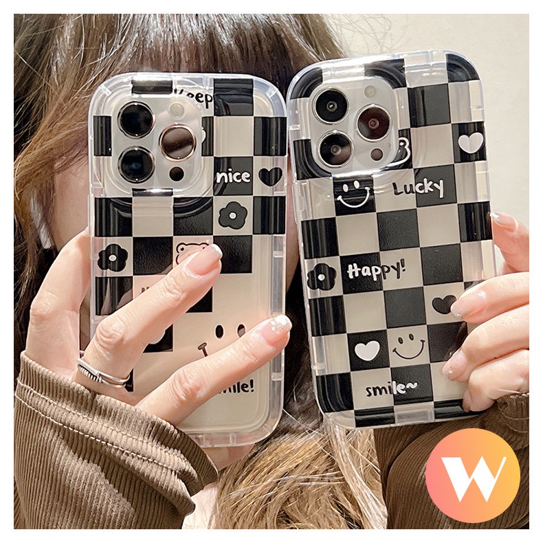 IPHONE Cute Smiley Bear Soft Tpu Case Kompatibel Untuk Iphone11 7Plus 13 11 12 14 Pro Max XR X XS Max6 7 8 6s Plus SE 2020 Pasangan Papan Catur Cinta Hati Airbag Shockproof Cover