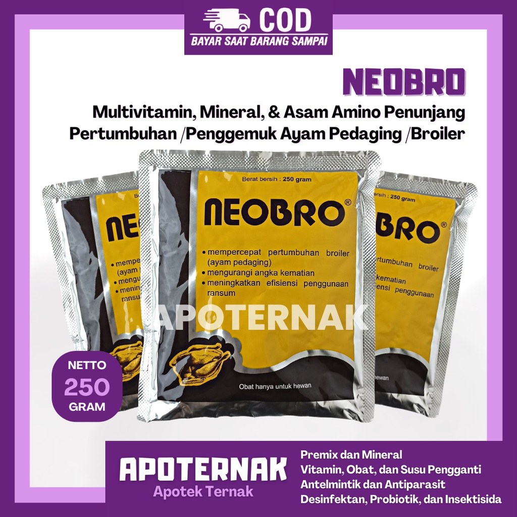 NEOBRO 250 gr | Multivitamin Penambah Berat Bobot Penggemuk Ayam Broiler Pedaging dan Unggas | Neo Bro | MEDION