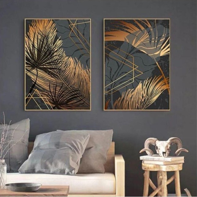 Lukisan dinding kanvas daun beraksen gold modern simple lukisan dinding kanvas minimalis modern deko