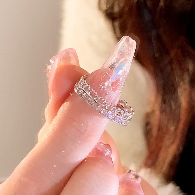 Cincin Silver Zircon Pink Manis Kristal Hati Pembukaan Adjustable Rings Untuk Aksesoris Perhiasan Wanita