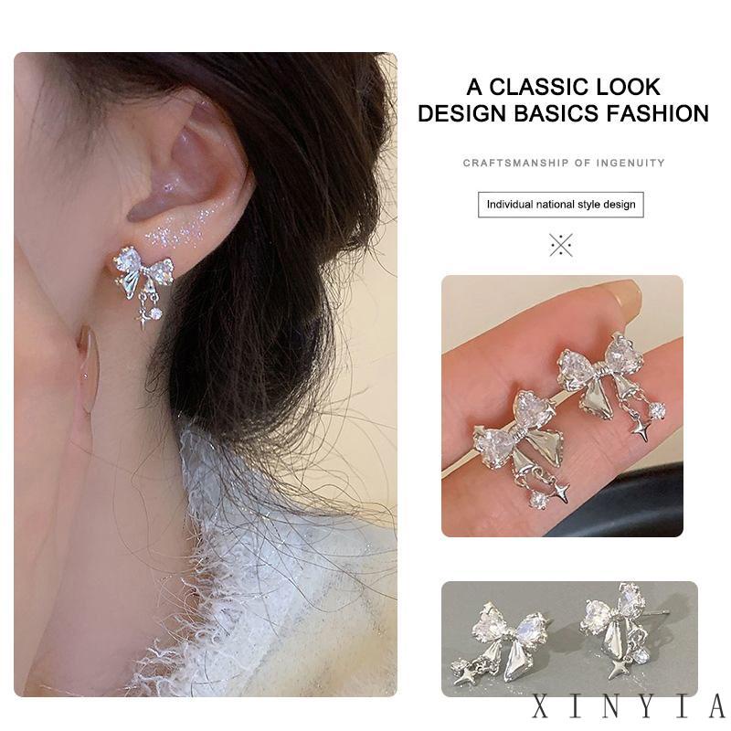 【COD】Simpul Zirkon Anting Wanita Desain Rasa Sederhana Anting Bermutu Tinggi Temperamen Fashion Temperamen Manis Hitam Ikatan Simpul Paduan Stud Earrings