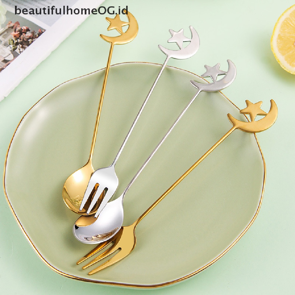 // Beautifulhomeog.id// Eid Mubarak Star Moon Stainless Steel Spoon Fork Dekorasi Peralatan Makan Ramadhan **