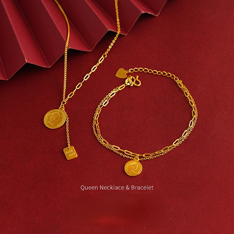 Goldkingdom Perhiasan Fashion Emas Asli Kadar 375Bangkok Aksesoris Ready Stock Kalung Drive Ratu Wanita Merek Bulat Ganda Gelang Yang Dapat Disesuaikan