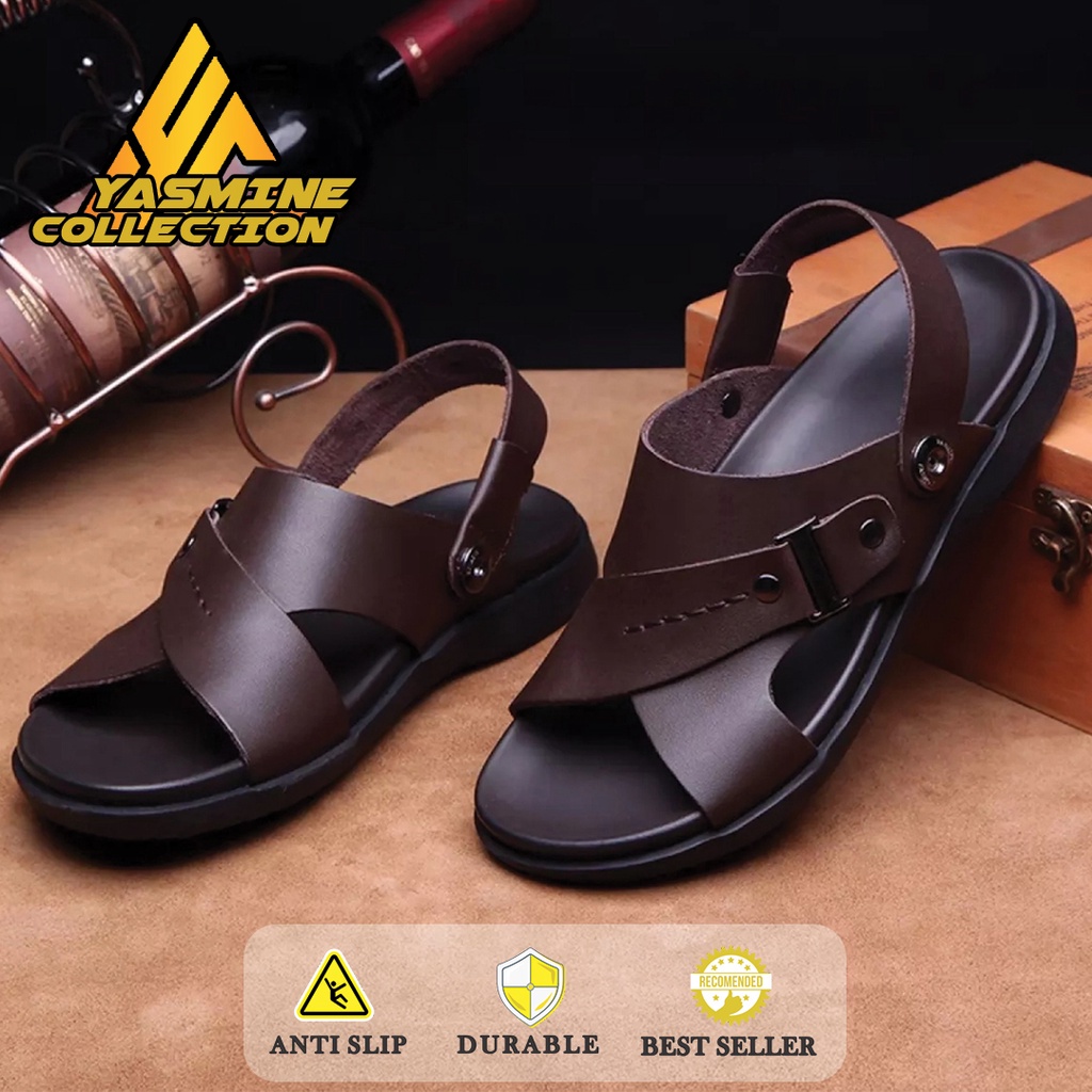 Sandal Slide Impor Kulit Asli Trending Sendal Pria Model Open Toe Terbaru