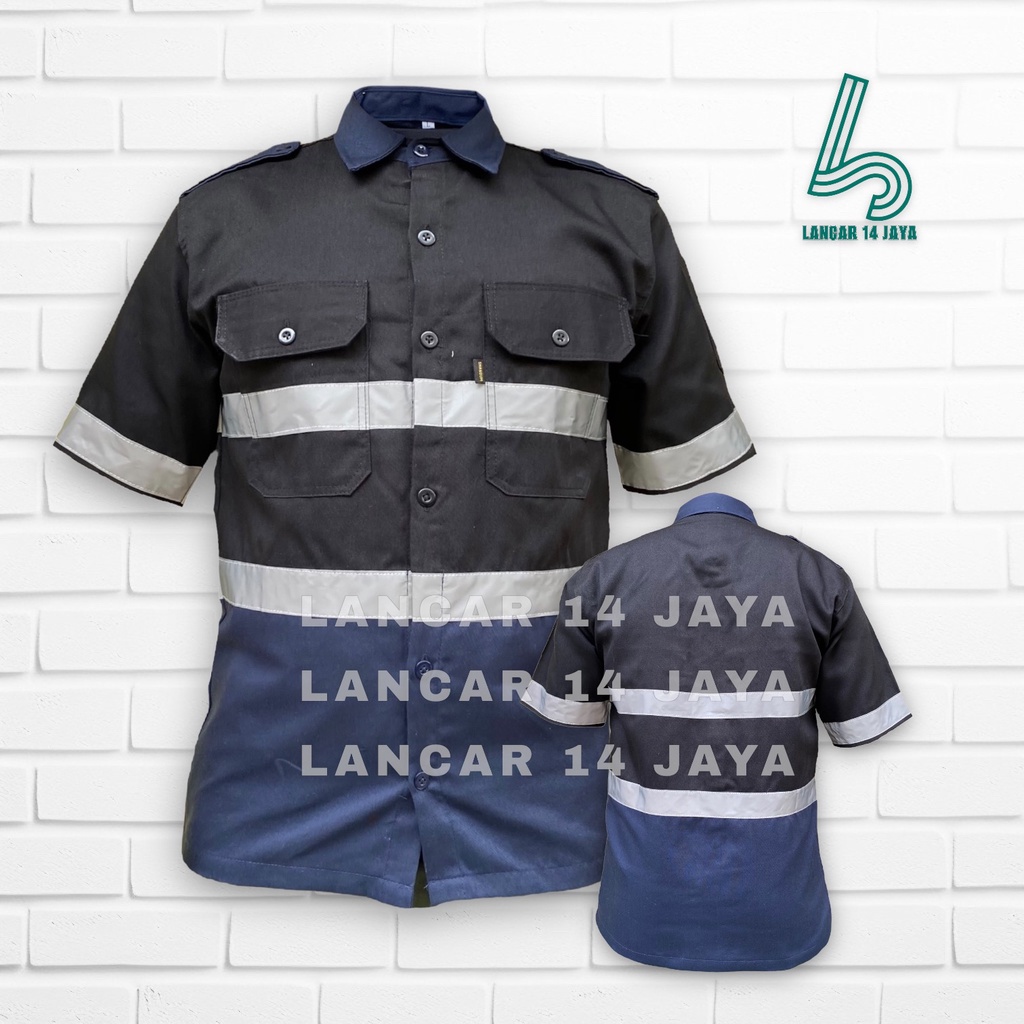 Baju Safety Wearpack Atasan Lengan Pendek Kombinasi Kemeja Safety K3 / Baju Proyek Tambang / Wearpack Kerja / Seragam Lapangan Kombinasi Biru Navy Pakai Skotlight