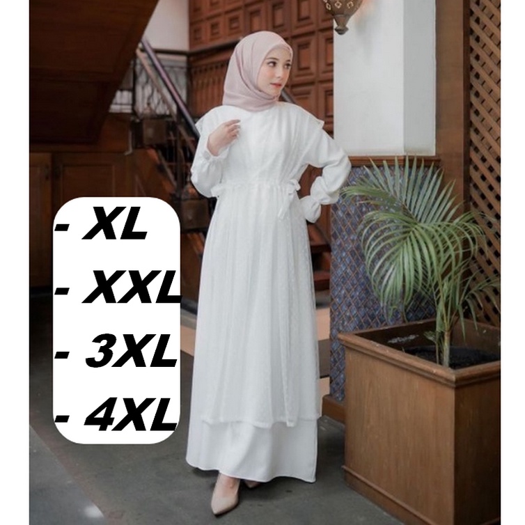 Dress / Gamis Hari Raya Lebaran Warna Putih Jumbo Simpel Kasual 2XL 3XL 4Xl XXL XXXL LD 120 130 140 