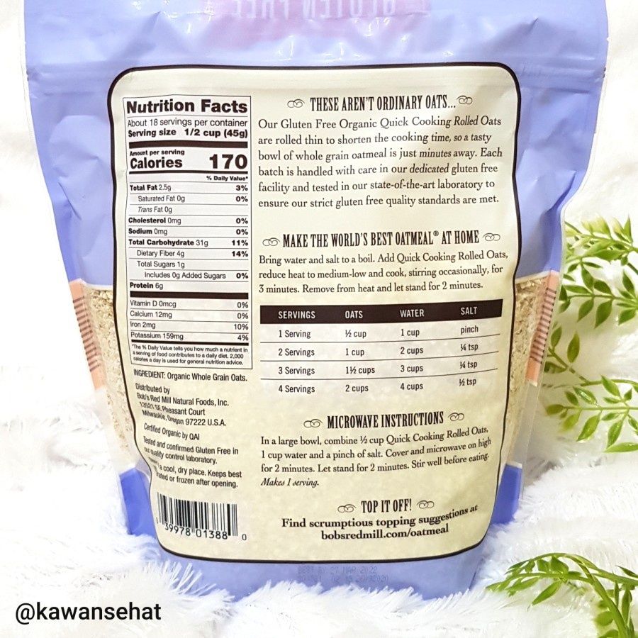 

✨NEW✨ -Bob's Red Mill Organic Quick Cooking Oats Gluten Free Havermout 794gr- 1.1.23