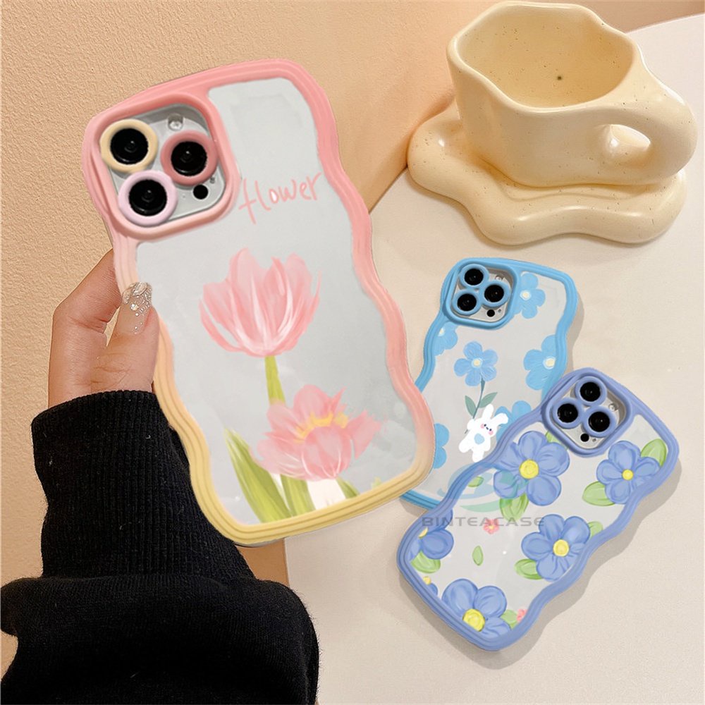 Case Untuk 14Pro MAX 14Pro 14 MAX 13Pro 13ProMax 12Pro X XS XR Xsmax6Plus 6S PLUS Lukisan Cat Minyak Tulip Kelinci Bunga Tepi Melengkung TPU Phone Case Binteacase