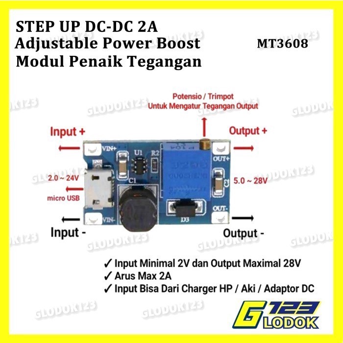 Step Up DC DC Boost 2A Micro USB Power Modul Penaik Tegangan MT3608