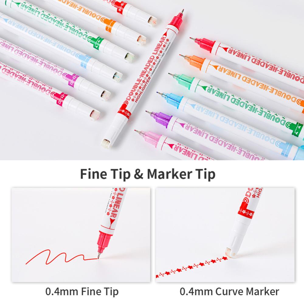 Timekey 3/6pcs Pena Stabilo Dua Kepala Bunga Berbentuk Garis Penanda Dengan Roller Curve Liner Marker Untuk Menulis Menggambar Alat Tulis K8V2