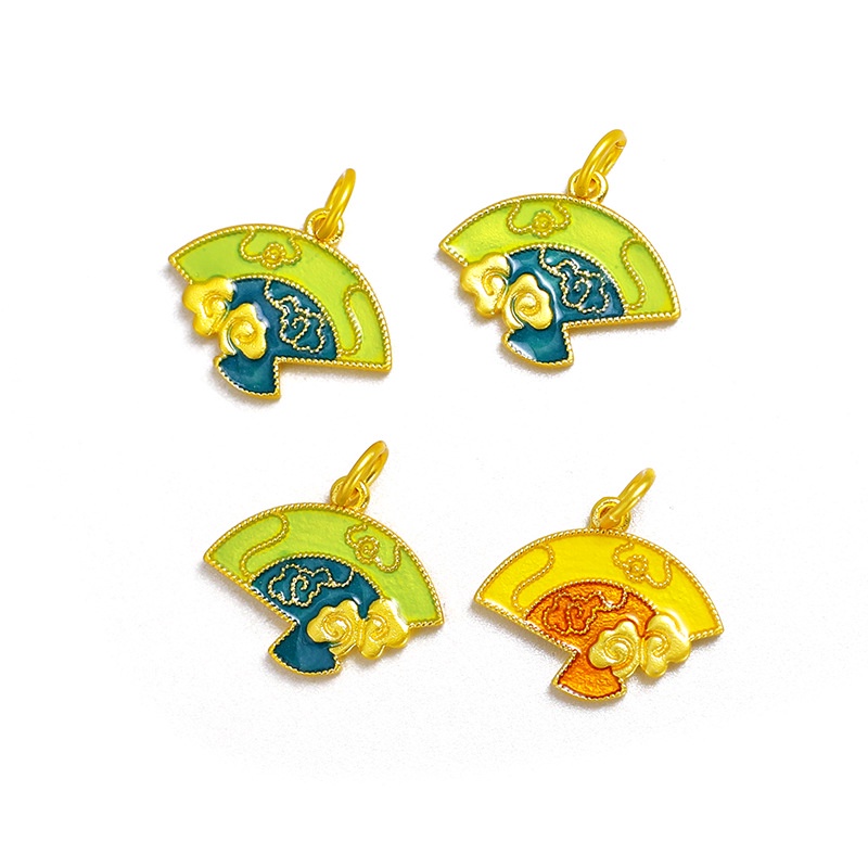 Goldkingdom Fashion Perhiasan 24 K Bangkok Aksesoris Ready Stock Gaya Kuno Membakar Biru Kipas Lipat Liontin Perempuan Lukisan Minyak Kipas Kecil Kalung Liontin