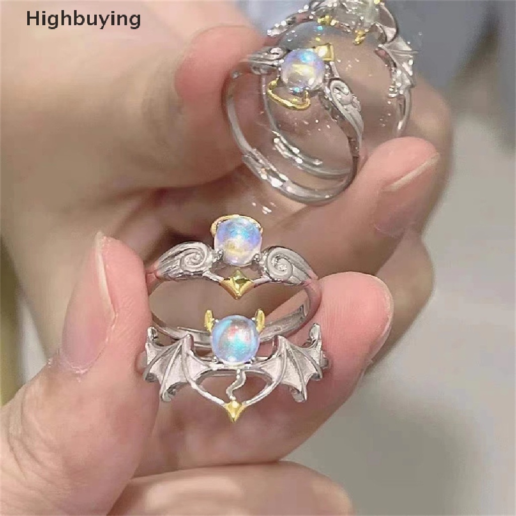 Hbid Cincin Pasangan Sayap Malaikat Dan Setan Romantis Moonstone Cincin Jari Pembukaan Yang Dapat Disesuaikan Glory