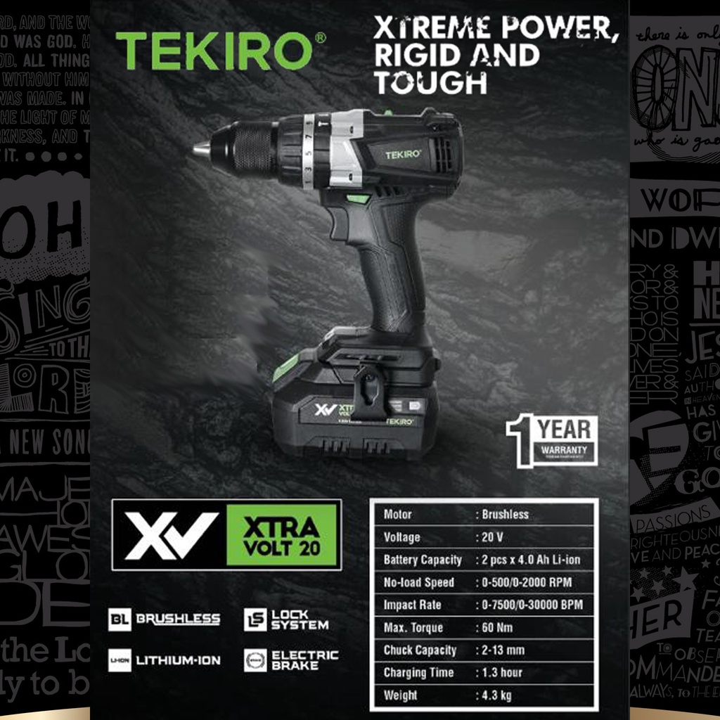 Mesin Bor Pukul Tanpa Kabel 13 mm HEAVY DUTY 20V Baterai Lithium Ion - Cordless Hammer Drill TEKIRO