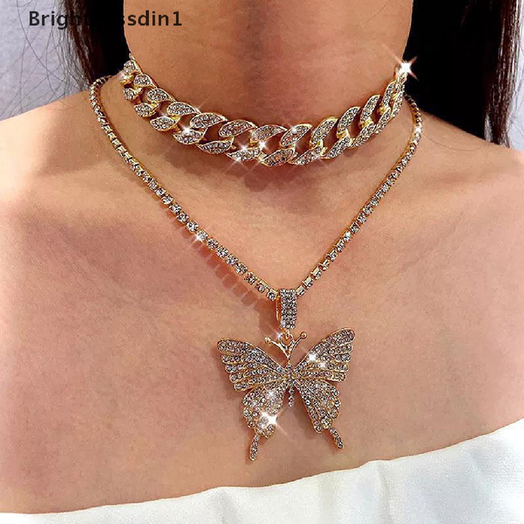 [Brightnessdin1] Elegan Putri Mulia Besar Kupu-Kupu Liontin Kalung Berlian Imitasi Rantai Untuk Wanita Bling Rantai Tenis Kristal Choker Kalung Perhiasan Butik