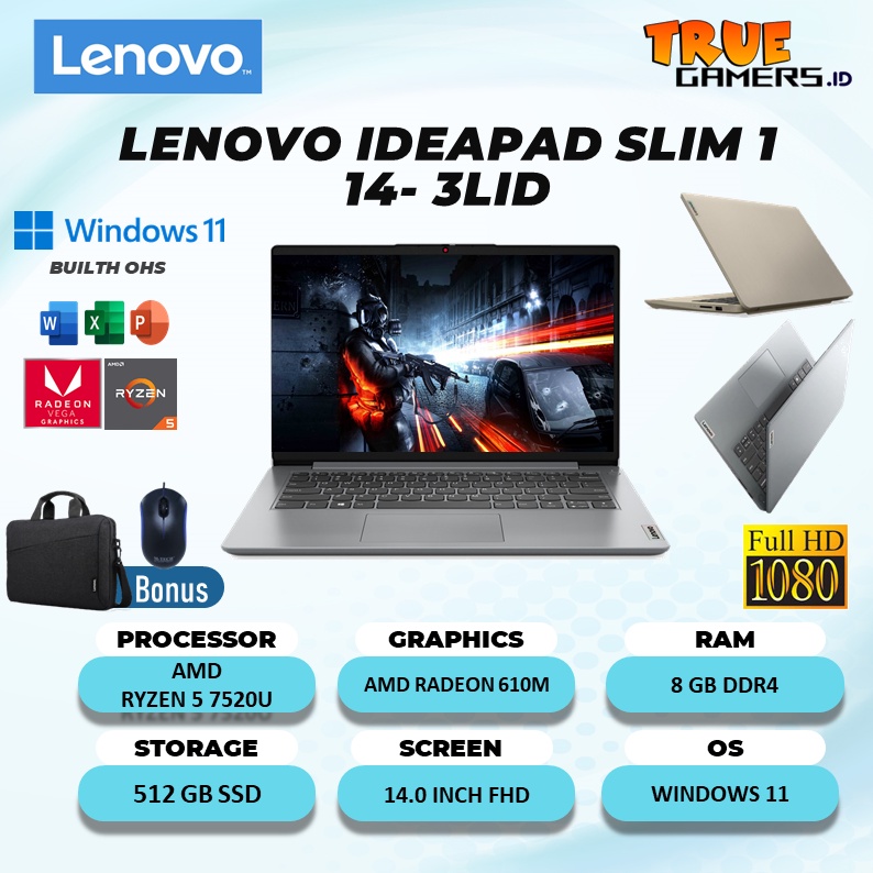 LAPTOP LENOVO IDEAPAD SLIM 1 14 RYZEN 5 7520U 8GB 512SSD RADEON 610M WIN 11