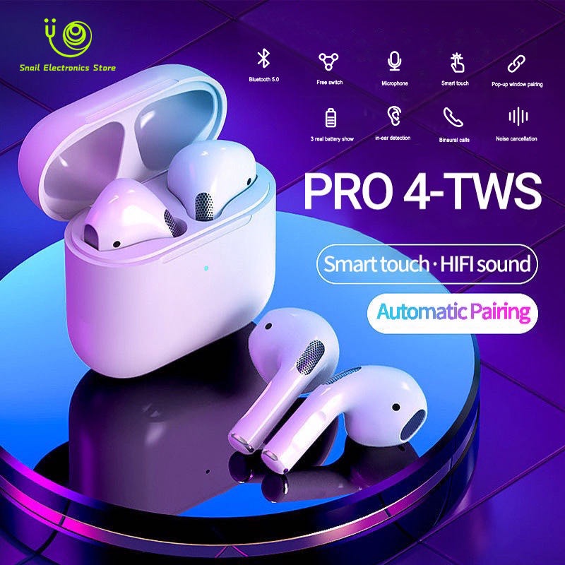 (COD) Pro 4 TWS Headset Bluetooth 5.1 True Wireless Earphone 9D HiFi Stereo Sound Volume Control With Mic