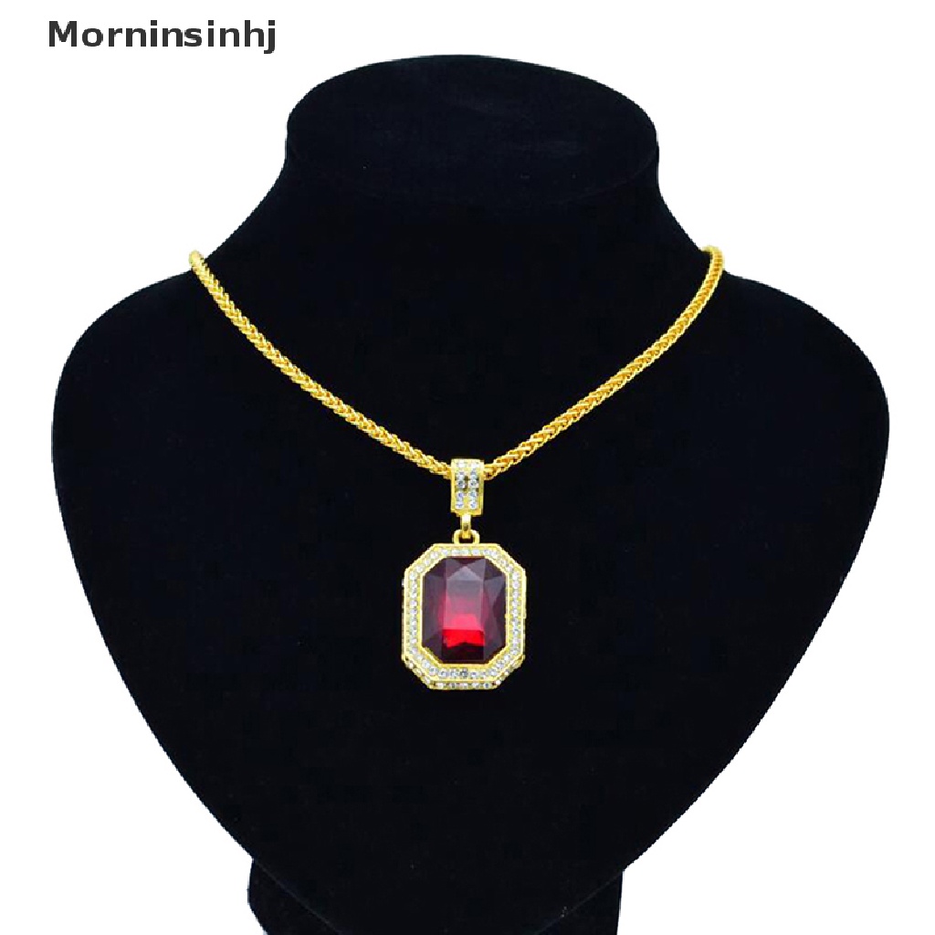 Mornin Bertatahkan Berlian Square Ruby Kalung Hip Hop Pria Liontin Batu Merah Liontin Vintage Perhiasan Kostum Aksesoris id