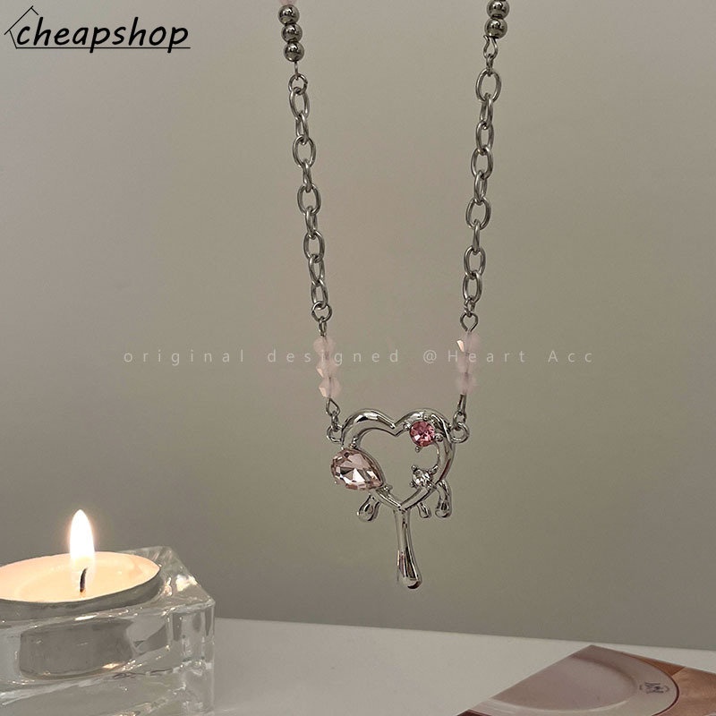 IFYOU Kalung Liontin Kristal Pink Hati Choker Rantai Silver Untuk Aksesoris Perhiasan Wanita