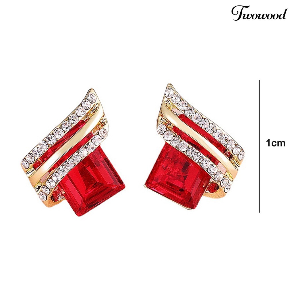 Twowood 1pasang Ear Studs Rhinestone Geometric Electroplating Luxury High Gloss Hiasan Telinga Perhiasan Kristal Imitasi Engagement Earrings Hadiah Anniversary