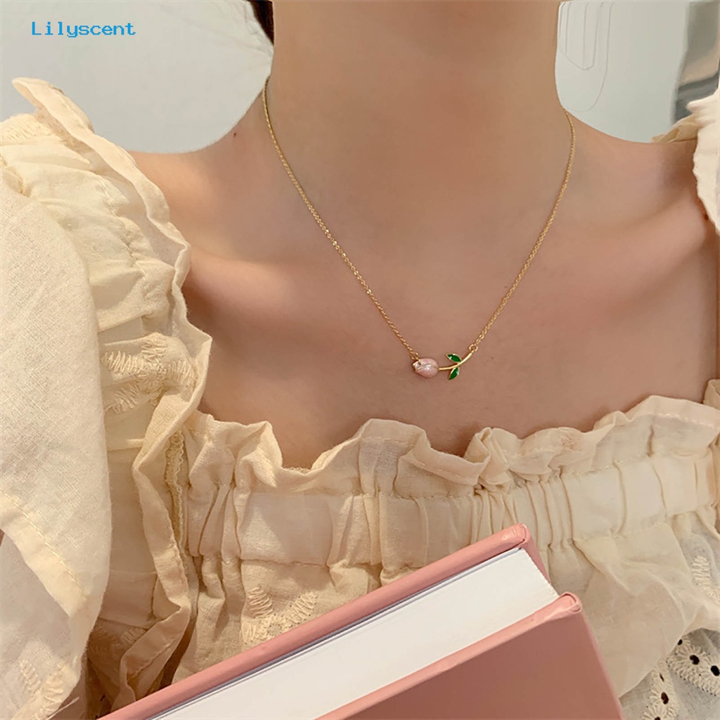 [LS] Kalung Rantai Manis Elegan Hadiah Anniversary Gaya Perancis Vintage Tulip Mutiara Imitasi Liontin Kalung Perhiasan Aksesori