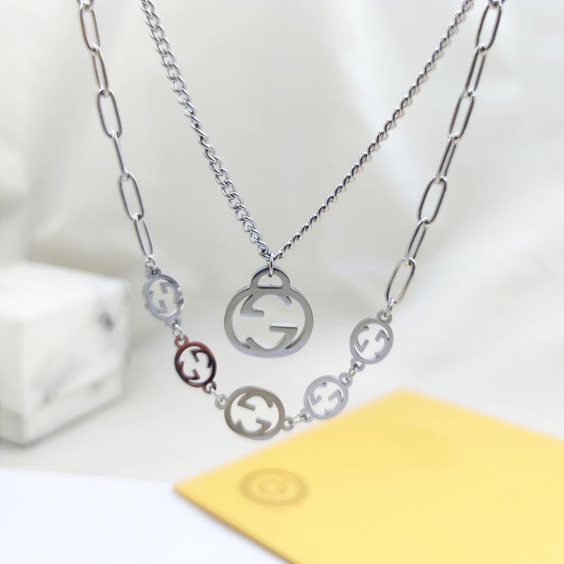 Kalung Double Layer Model Hollow | Kalung Desain Tulisan | Rose Gold 18k | Kalung Untuk Wanita | Sendok Garpu Bahan Stainless Steel | Bahan Titanium Steel