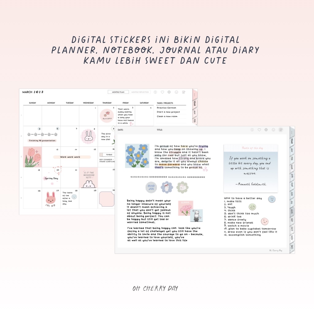 Digital Stickers untuk Digital Planner, Notebook, Journal, Diary Bujo Cute Stickers Sticky Notes PNG Stickers