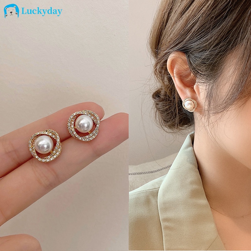 YEEZII Anting Fashion Kristal Spiral Anting Tusuk Mutiara Emas Untuk Perhiasan Aksesoris Wanita