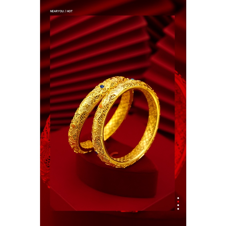 Goldkingdom Perhiasan Fashion Emas Asli Kadar 375Bangkok Aksesoris Ready Stock Berlapis Emas Retro Melubangi Gelang Gaya Wanita Enam Kata Amsal Lotus Ibu Gelang