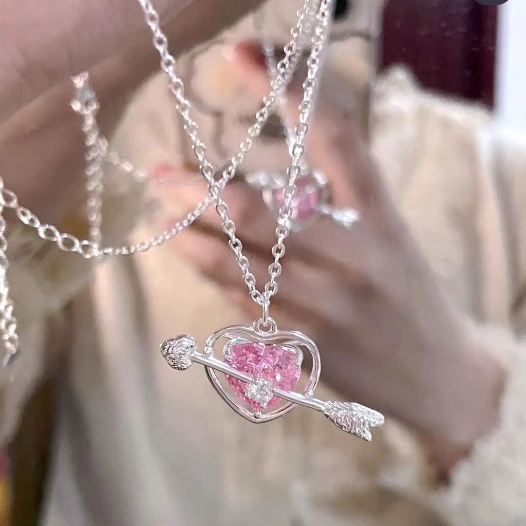 Sweet Pink Zircon Kalung Untuk Wanita Liontin Hati Perak Rantai Choker Pacar Perhiasan Y2K Aksesoris