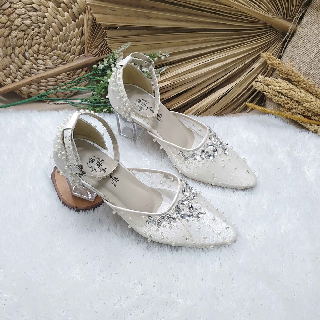 Sepatu wedding pesta cantik Manda broken white 7cm kaca