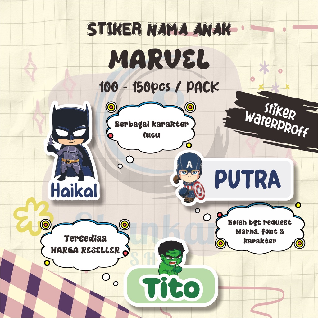 

( 100-150pcs) Stiker Nama TEMA MARVEL / Stiker Nama WATERPROOF / Stiker Nama CUSTOM