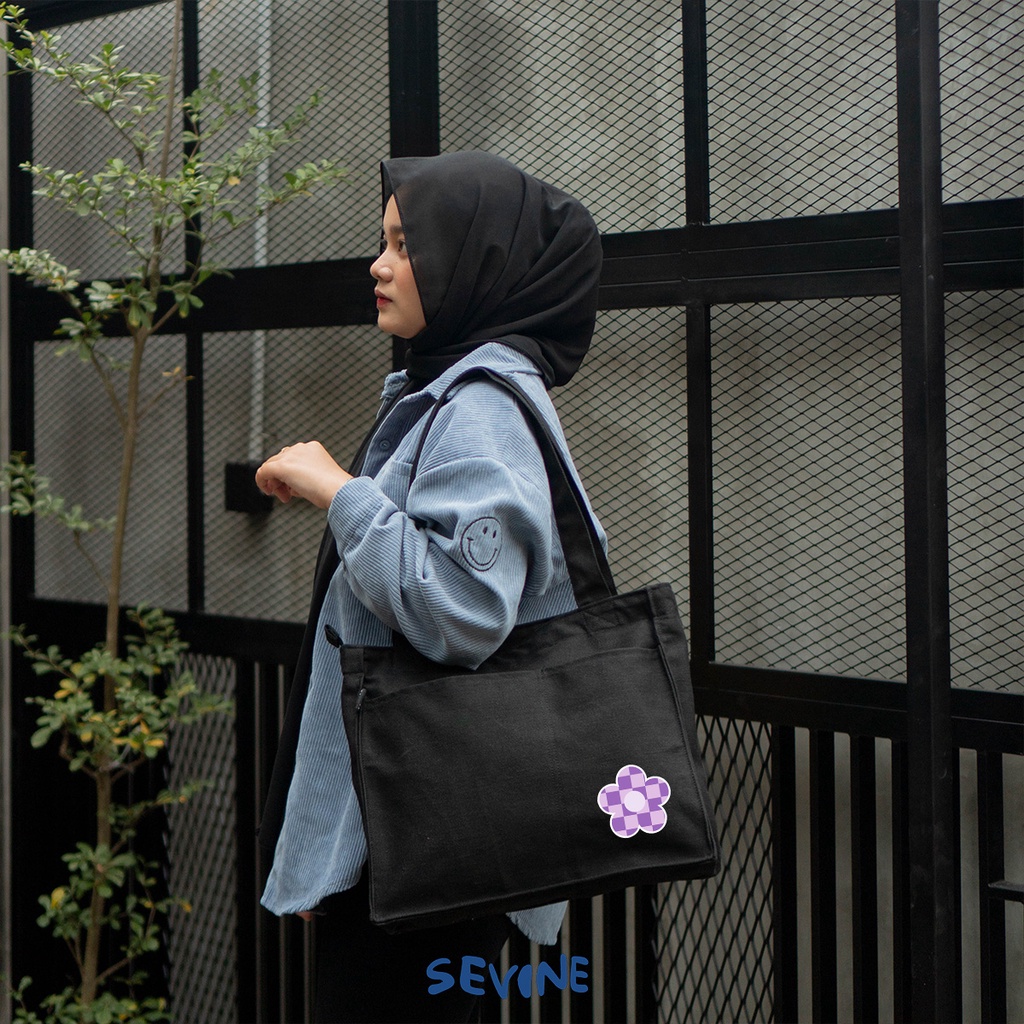 Sevine Totebag Kanvas Rebecca Tas Wanita Tote Bag Kuliah Sekolah Sekat Laptop Hitam Elegan Aesthetic - WT