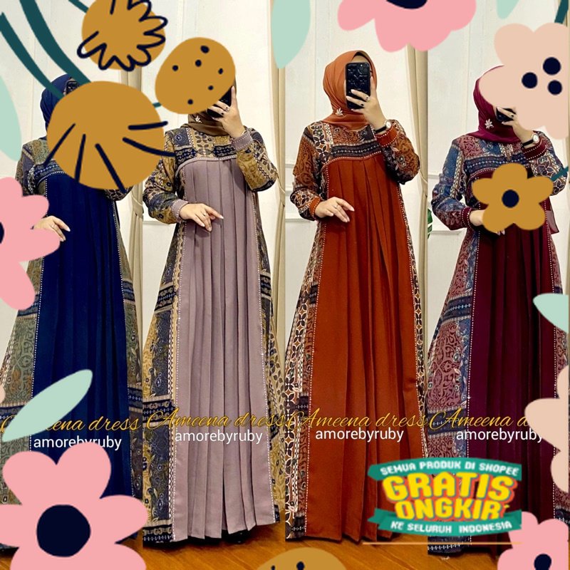 AMEENA DRESS AMORE BY RUBY GAMIS MOTIF BUNGA KONDANGAN ALLSIZE / atasan lebaran