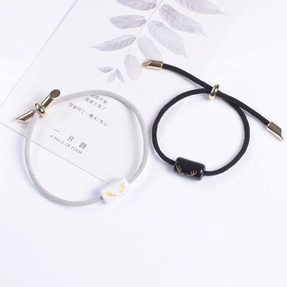 Timekey Sederhana Kreatif Tanduk Pasangan Gelang Adjustable Anyaman Keramik Pasangan Gelang Wanita Pria Perhiasan T6Y3