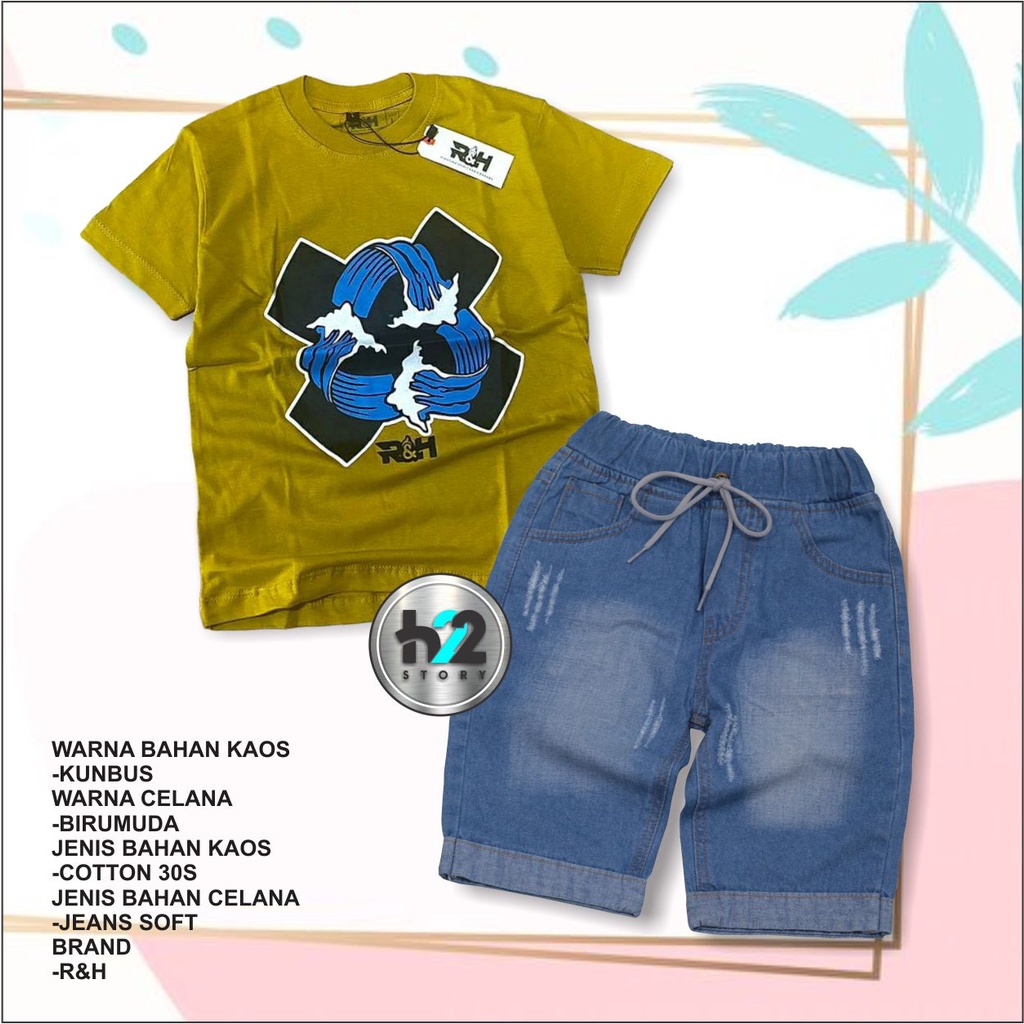 Setelan Anak Celana Jeans / Setelan Jeans Anak Laki Laki /  Setelan Kaos Distro Anak Celana Jeans Pendek Usia 3-12 Tahun / By H22Story