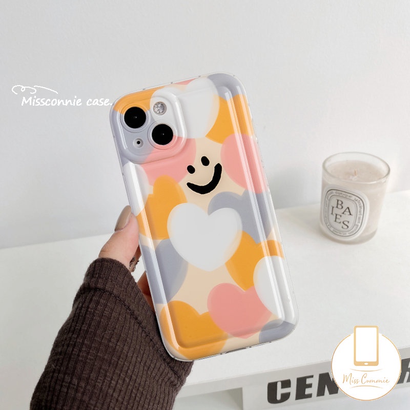 IPHONE Case Cinta Hati Warna-Warni Kompatibel Untuk Iphone11 14 13 12 Pro Max6 7 8 6S Plus XR X XS MAX SE 2020 Kartun Lucu Smiley Pelindung Kamera Lembut TPU Shockproof Airbag Silicon Cover