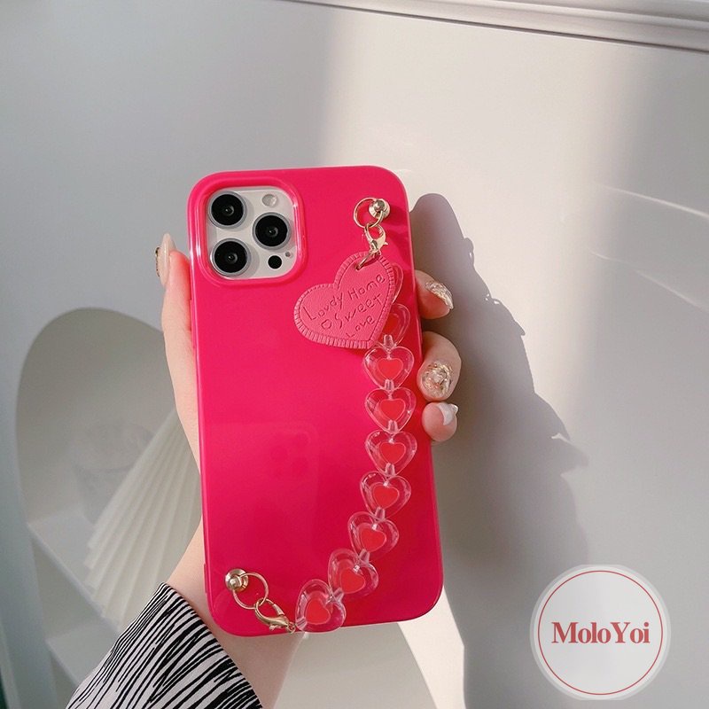 IPHONE Luxury Glossy Rose Red Smooth Case Kompatibel Untuk Iphone14 11 13 12 Pro Max 7Plus X7 8 Plus XR XS Max SE 2020 Simple Warna Solid Soft Tpu Cover Dengan Gelang Love Heart