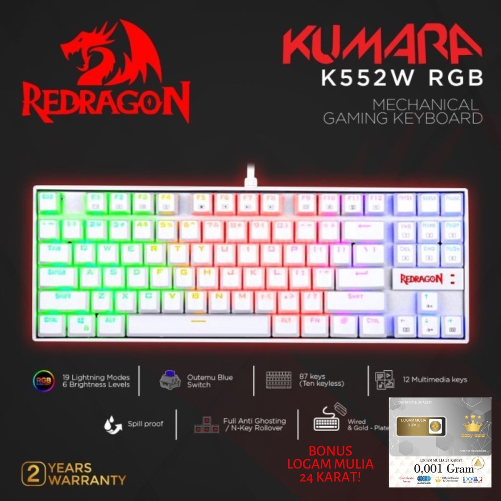 Keyboard Gaming Redragon  Mechanical RGB KUMARA WHITE - K552W-RGB