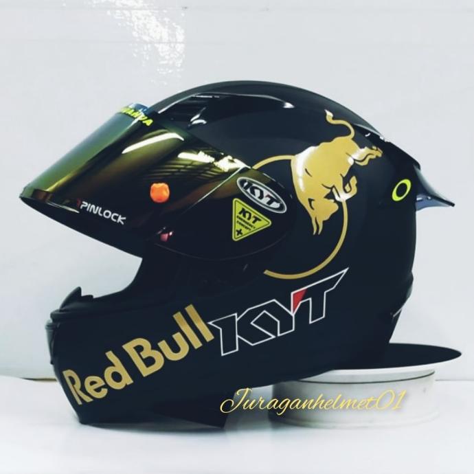 helm full face kyt r10 paket ganteng black doff red bull