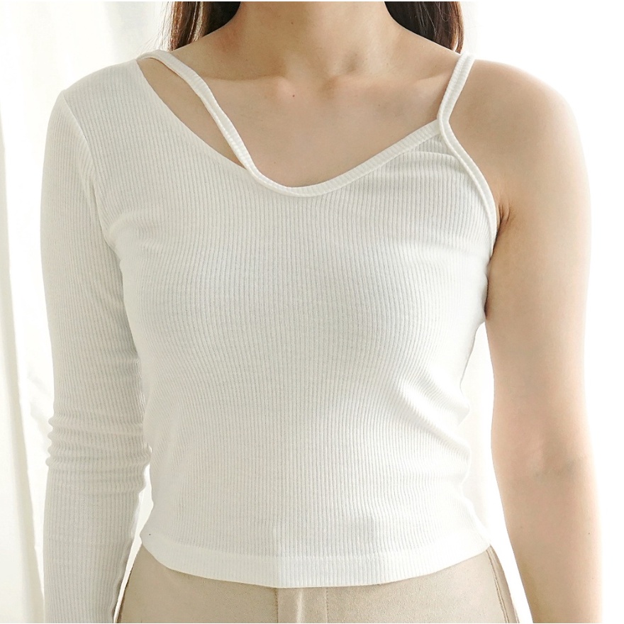 CAVALU Korean Knit Crop Top Lengan Panjang One Shoulder Top 192