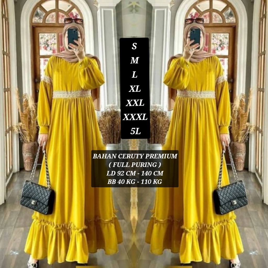 OOTD Dress Gamis Renda Rempel Kuning Lemon Lime Jumbo Modis Simpel Mewah LD 110 120 130 140 XXL XXXL