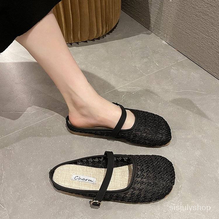 #Sisjuly# Renda dibungkus kepala setengah sandal sandal wanita baru grid burung baru bagian bawah le