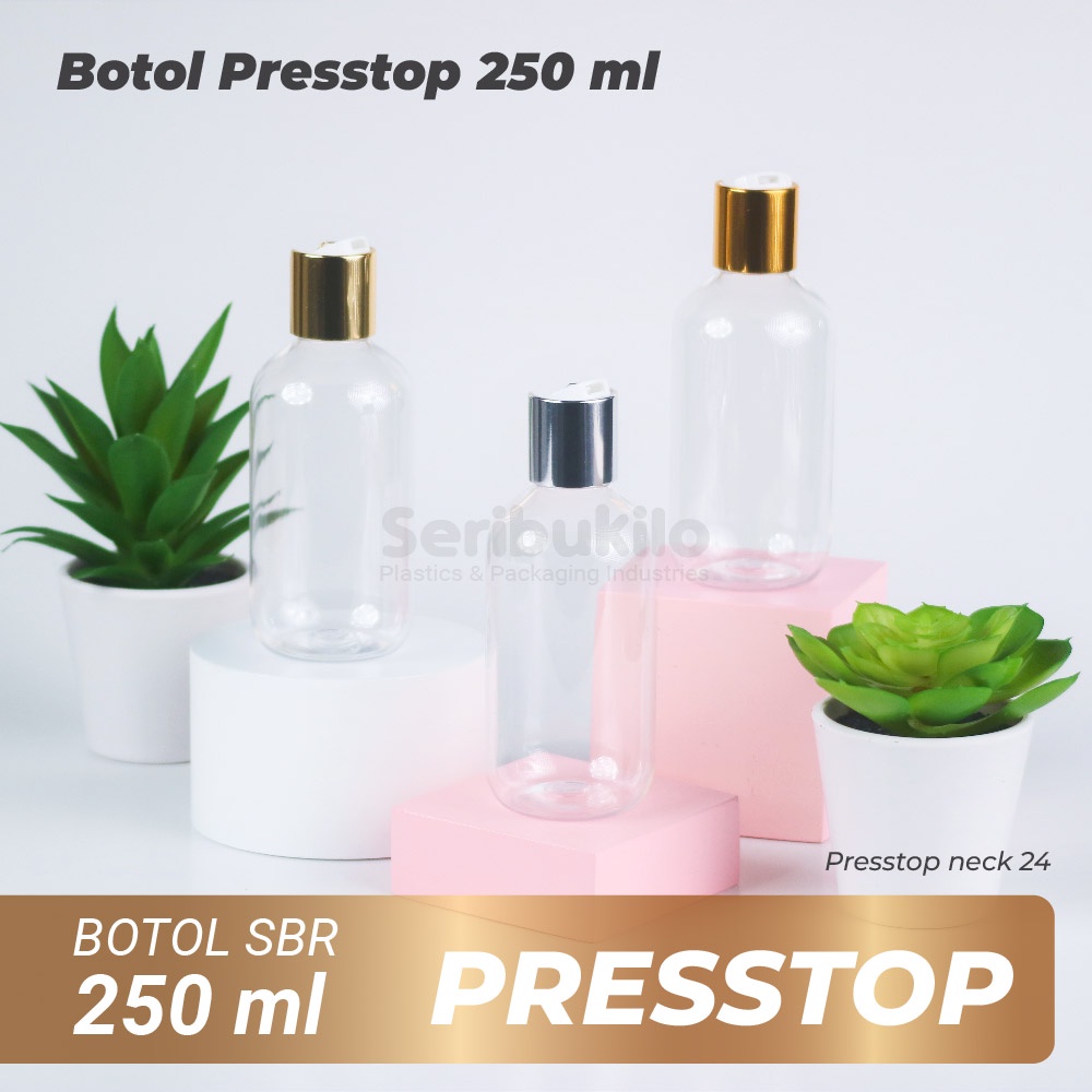 Botol Presstop SBR 250 ml/ Botol PET 250 ml Presstop/ Disctop Silver - Soft Gold - Dark Gold